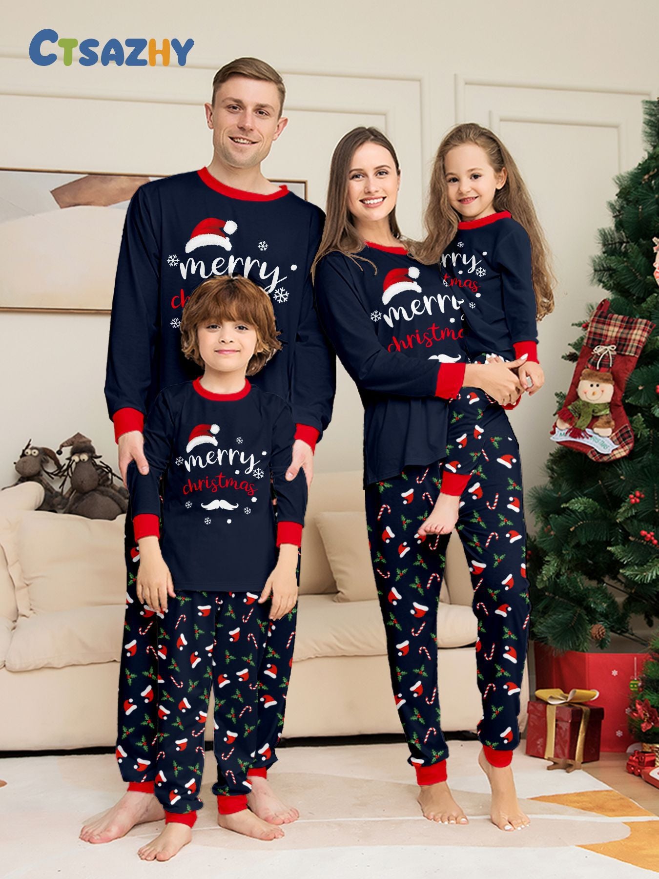Christmas Hat Letter Cane Christmas Family Matching Printed Pajamas Sleepwear
