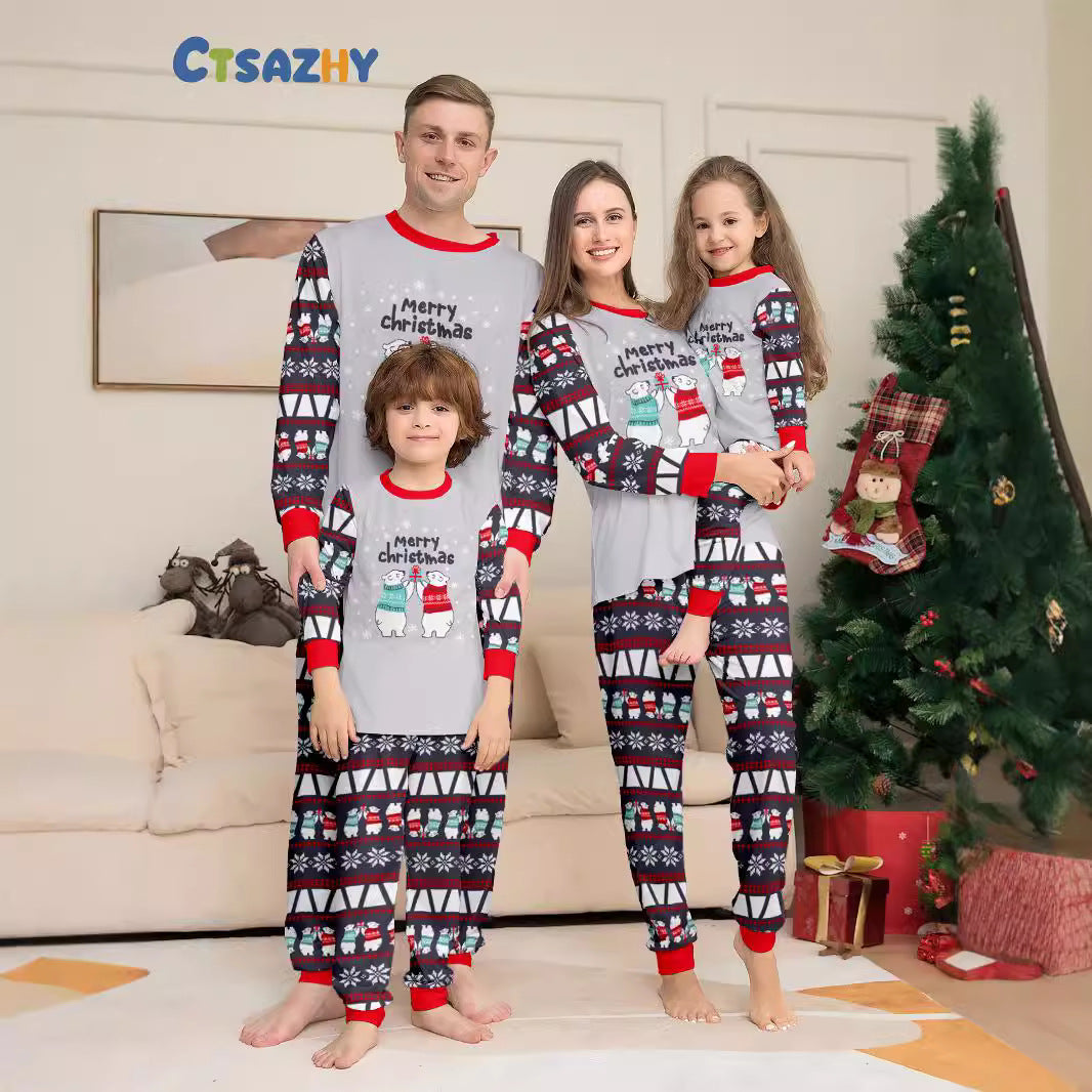 Christmas Bear Snowflake Letter Christmas Family Matching Printed Loungewear Pajamas