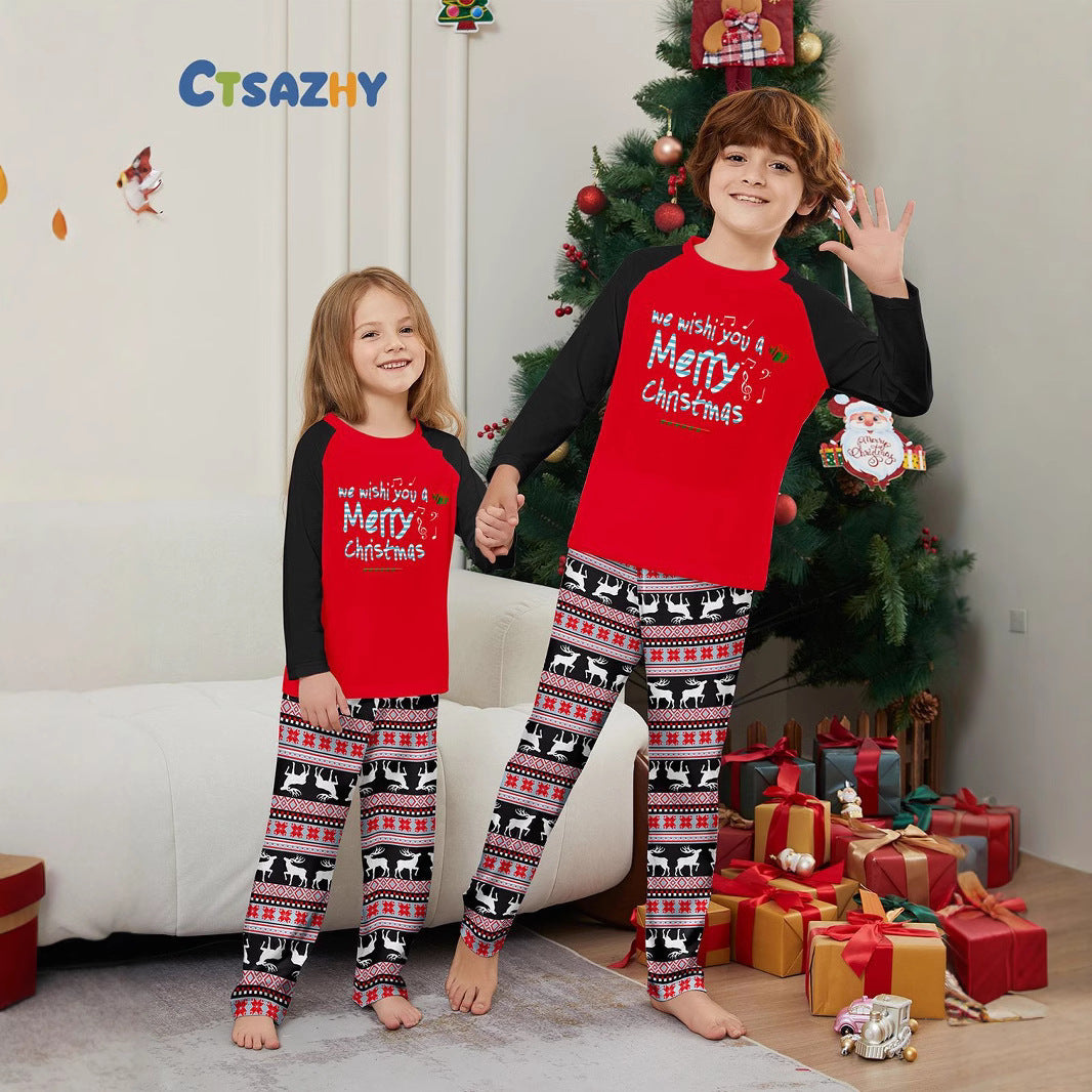 Christmas Deer Letter Stripe Christmas Family Matching Printed Loungewear Pajamas