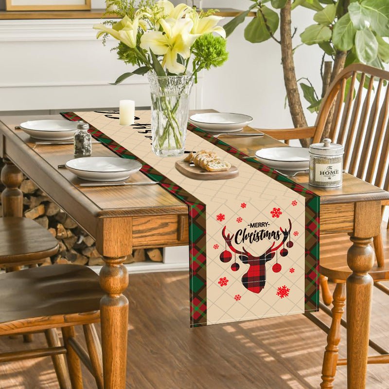Santa Claus checkered white linen table flag geometric Christmas