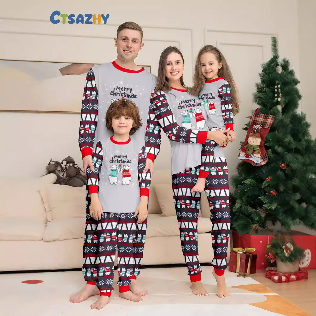 Christmas Bear Snowflake Letter Christmas Family Matching Printed Loungewear Pajamas