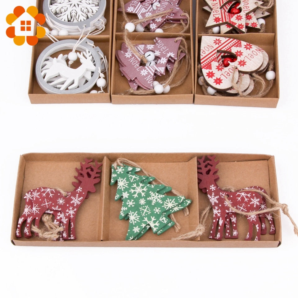 1SET Creative Wooden Printed Christmas Pendants Decorations