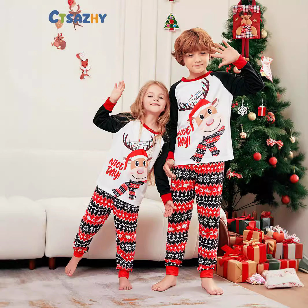 Christmas Deer Letter Stripe Christmas Family Matching Printed Loungewear Pajamas