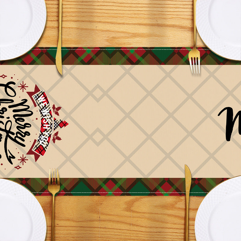 Santa Claus checkered white linen table flag geometric Christmas
