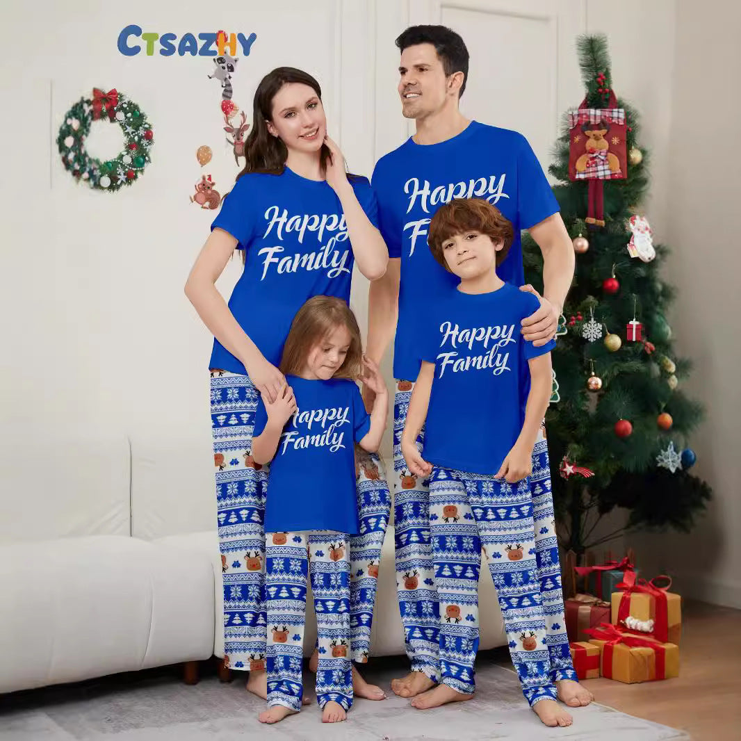 Christmas Deer Letter Stripe Short Sleeve Christmas Family Matching Pajamas