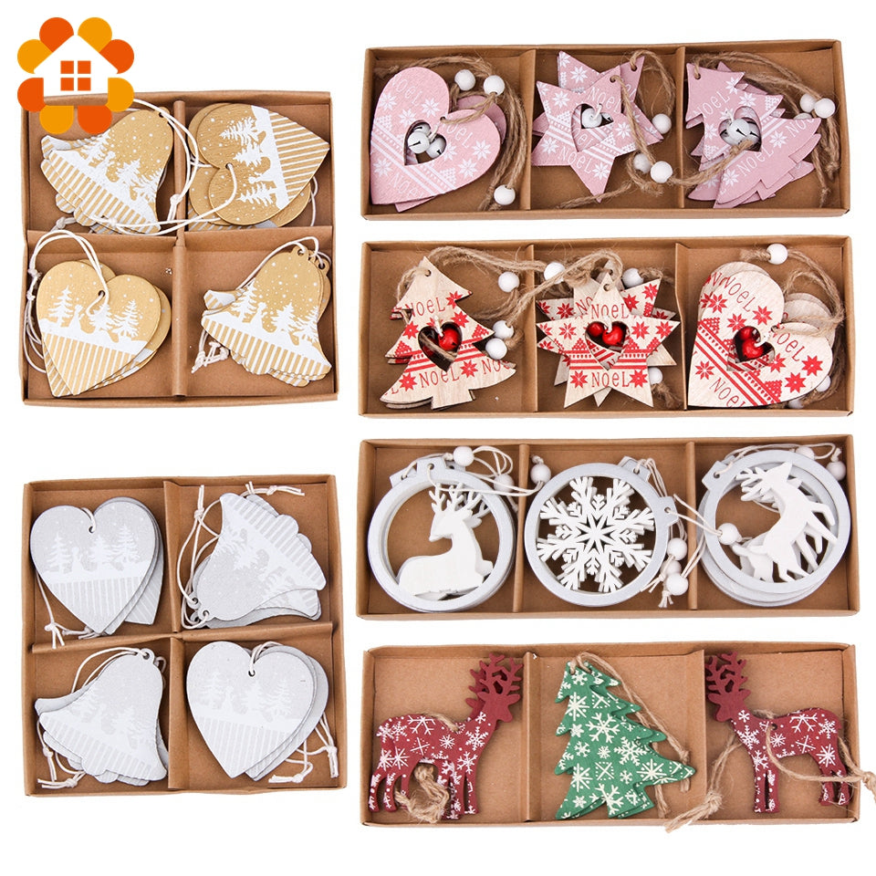 1SET Creative Wooden Printed Christmas Pendants Decorations