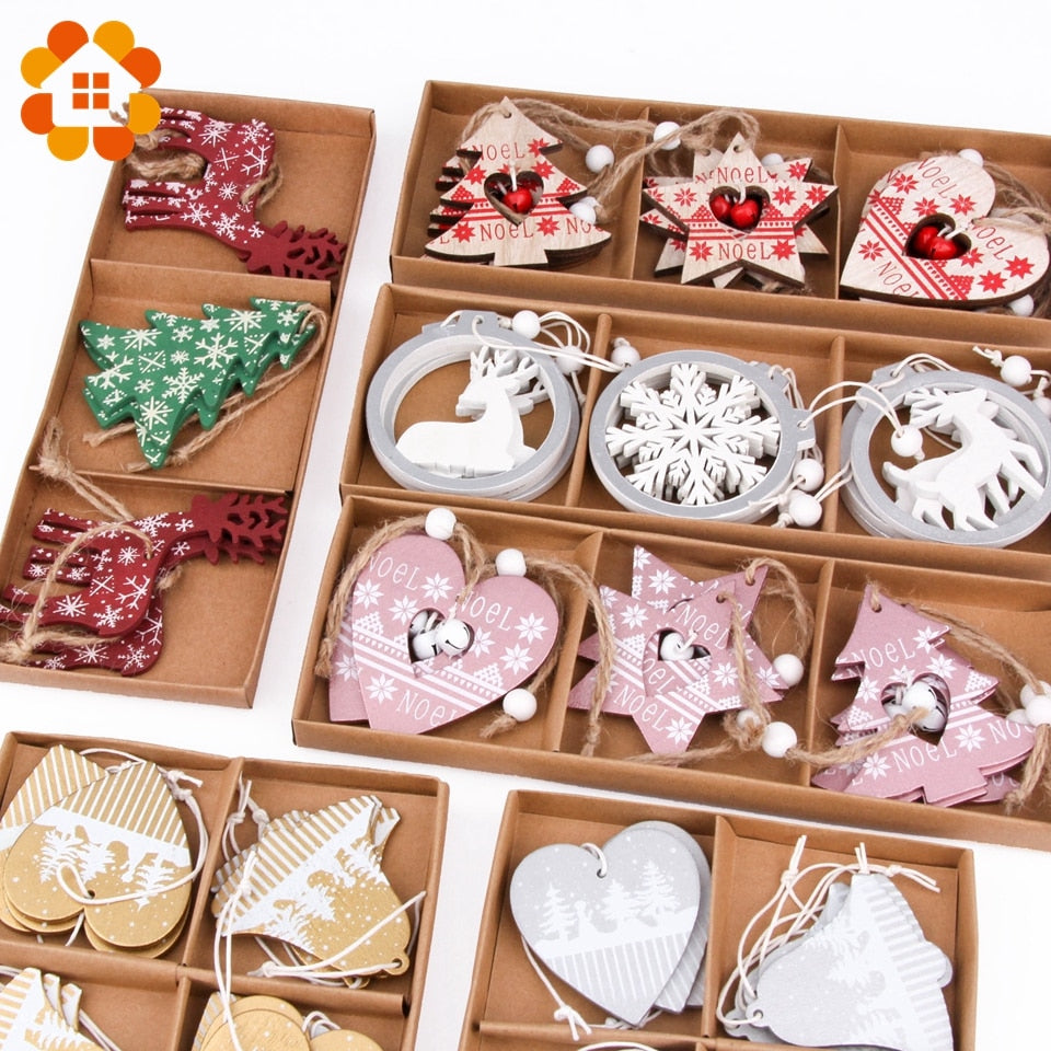 1SET Creative Wooden Printed Christmas Pendants Decorations