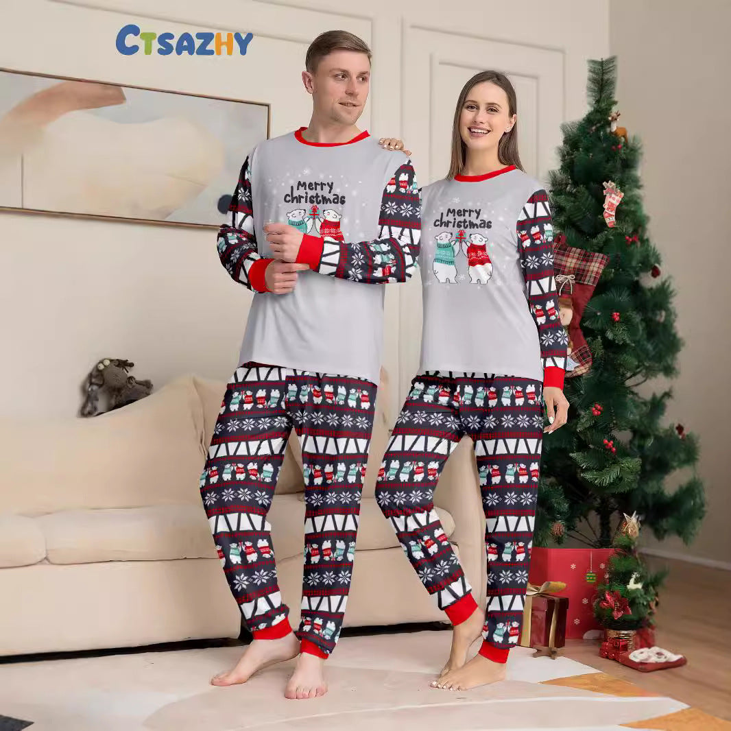 Christmas Bear Snowflake Letter Christmas Family Matching Printed Loungewear Pajamas