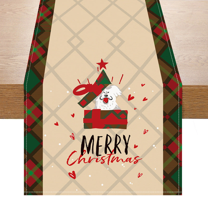 Santa Claus checkered white linen table flag geometric Christmas