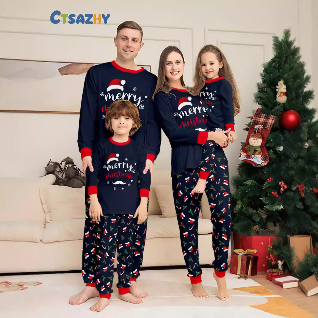 Christmas Hat Letter Cane Christmas Family Matching Printed Pajamas Sleepwear