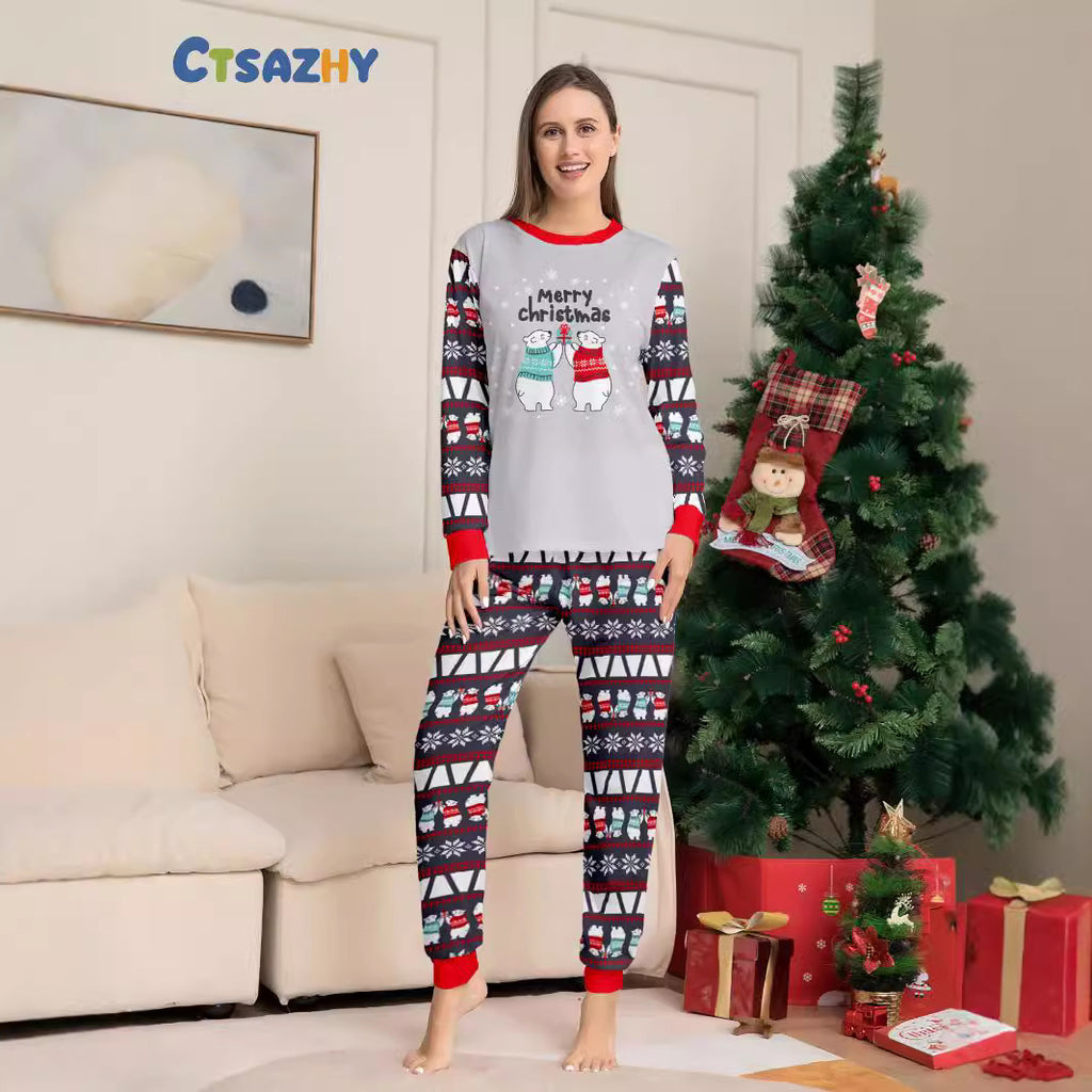 Christmas Bear Snowflake Letter Christmas Family Matching Printed Loungewear Pajamas