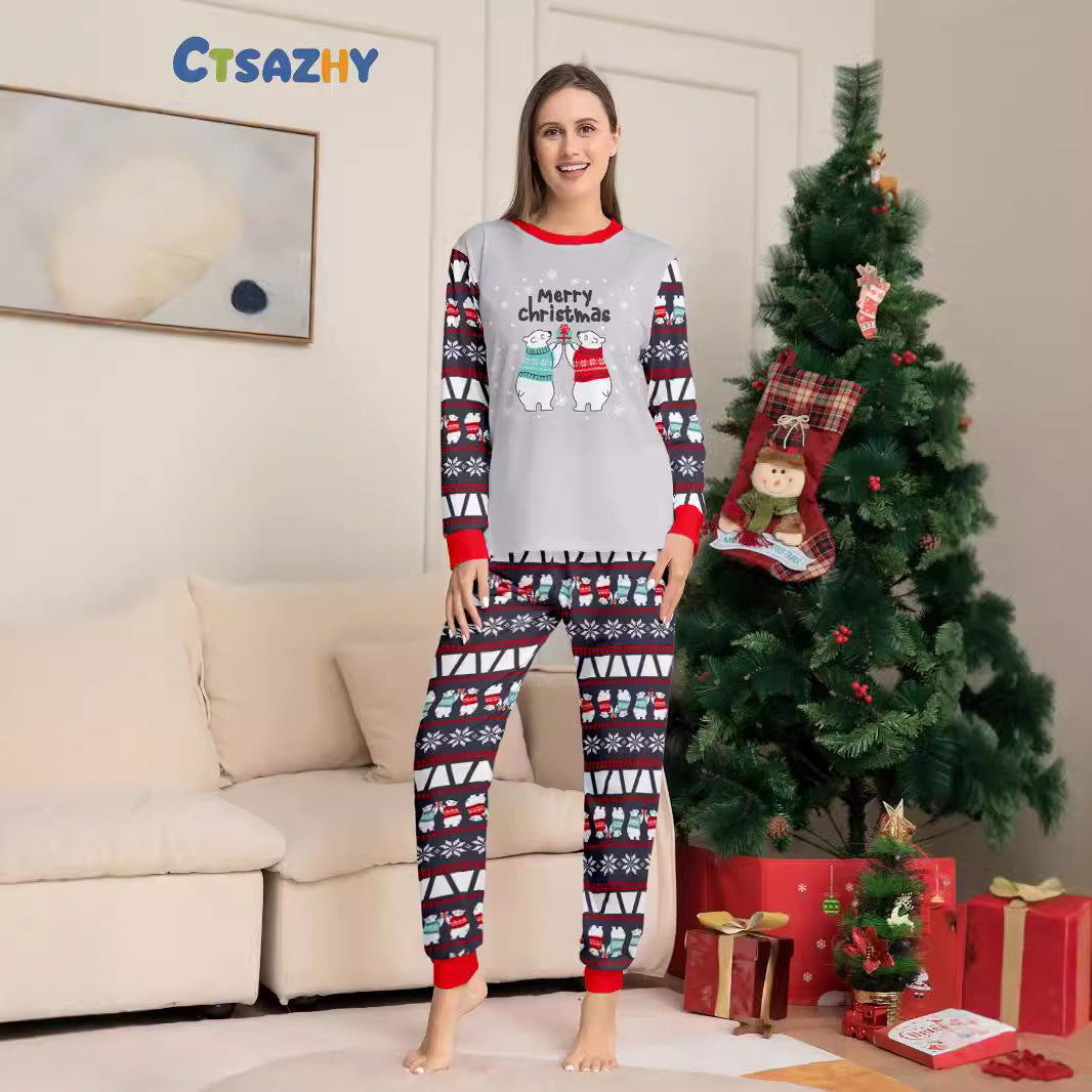 Christmas Bear Snowflake Letter Christmas Family Matching Printed Loungewear Pajamas