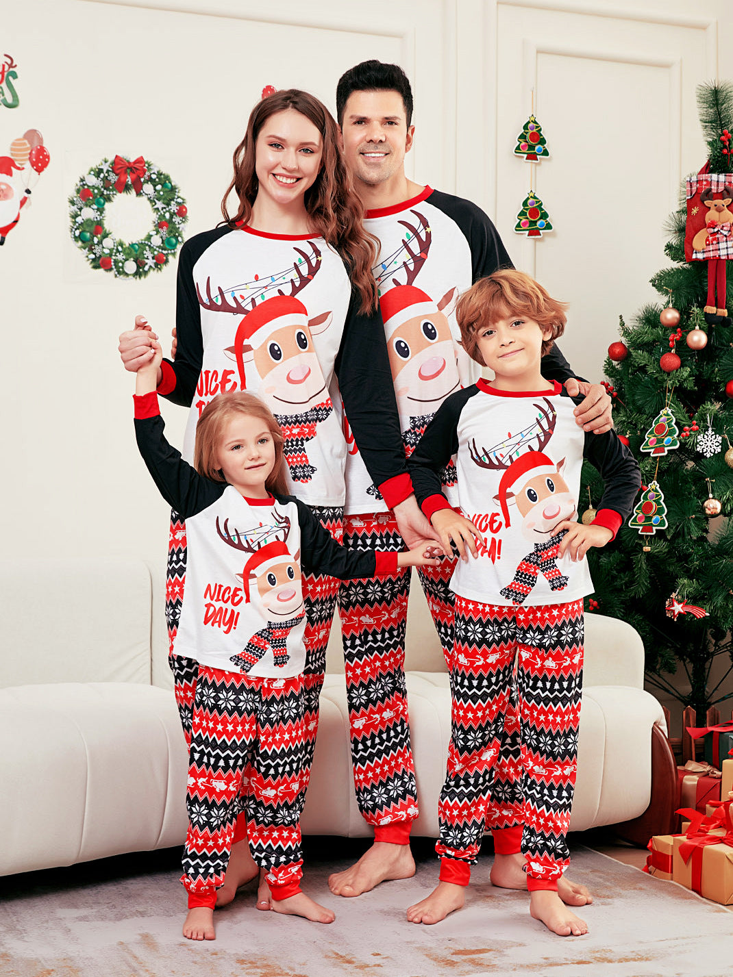Christmas Deer Letter Stripe Christmas Family Matching Printed Loungewear Pajamas