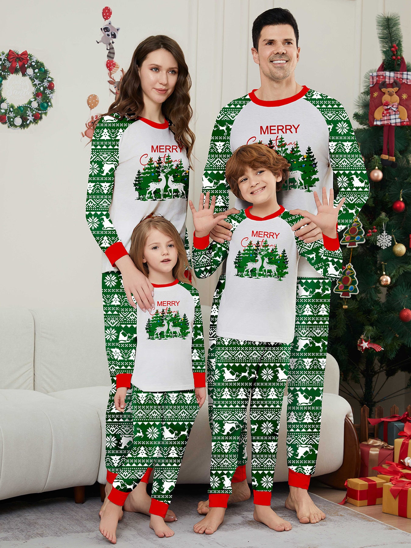 Christmas Deer Letter Stripe Christmas Family Matching Printed Loungewear Pajamas