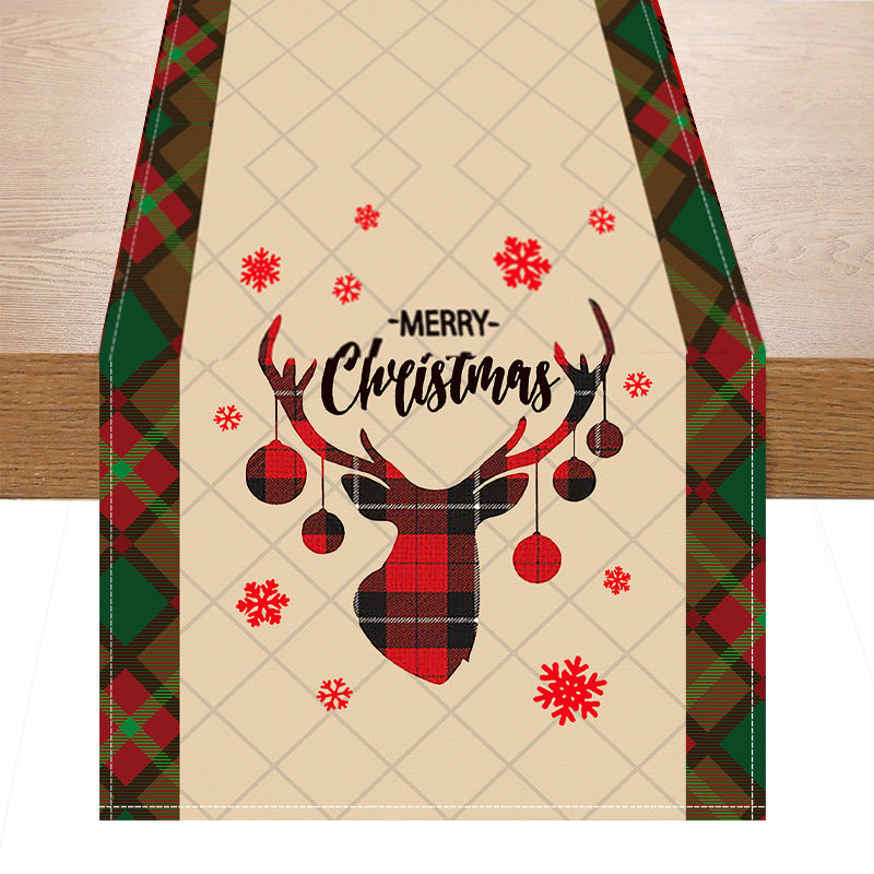 Santa Claus checkered white linen table flag geometric Christmas