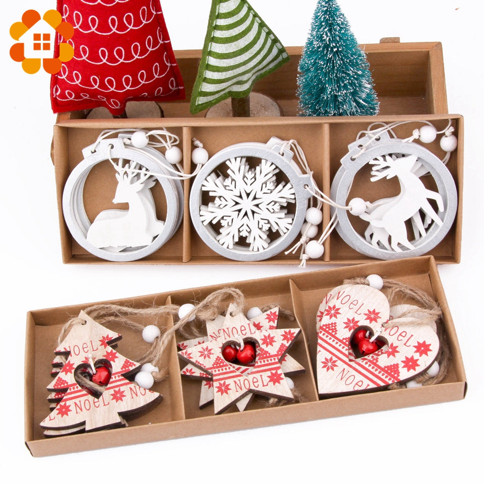 1SET Creative Wooden Printed Christmas Pendants Decorations