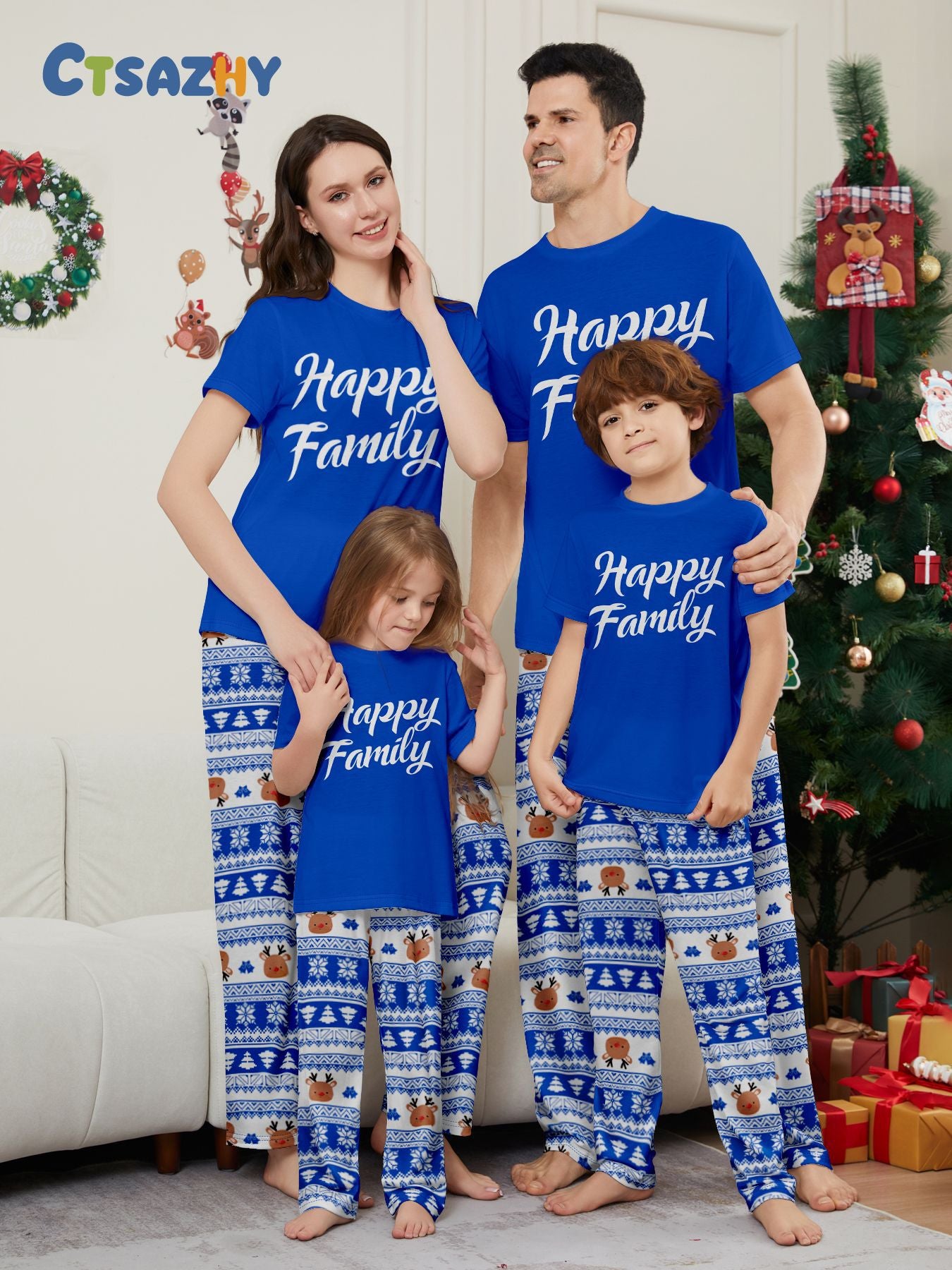 Christmas Deer Letter Stripe Short Sleeve Christmas Family Matching Pajamas